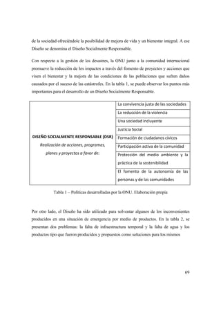 69
de la sociedad ofreciéndole la posibilidad de mejora de vida y un bienestar integral. A ese
Diseño se denomina el Diseño Socialmente Responsable.
Con respecto a la gestión de los desastres, la ONU junto a la comunidad internacional
promueve la reducción de los impactos a través del fomento de proyectos y acciones que
visen el bienestar y la mejora de las condiciones de las poblaciones que sufren daños
causados por el suceso de las catástrofes. En la tabla 1, se puede observar los puntos más
importantes para el desarrollo de un Diseño Socialmente Responsable.
DISEÑO SOCIALMENTE RESPONSABLE (DSR)
Realización de acciones, programas,
planes y proyectos a favor de:
La convivencia justa de las sociedades
La reducción de la violencia
Una sociedad incluyente
Justicia Social
Formación de ciudadanos cívicos
Participación activa de la comunidad
Protección del medio ambiente y la
práctica de la sostenibilidad
El fomento de la autonomía de las
personas y de las comunidades
Tabla 1 – Políticas desarrolladas por la ONU. Elaboración propia
Por otro lado, el Diseño ha sido utilizado para solventar algunos de los inconvenientes
producidos en una situación de emergencia por medio de productos. En la tabla 2, se
presentan dos problemas: la falta de infraestructura temporal y la falta de agua y los
productos tipo que fueron producidos y propuestos como soluciones para los mismos
 