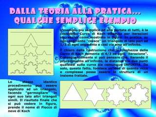 Dalla teoria alla pratica... qualche semplice esempio L'esempio più semplice ed alla portata di tutti, è la   cosiddetta Curva di Koch ottenuta per iterazioni successive come mostrato in figura. In pratica, su ogni segmento "cresce" un triangolo di lato pari ad 1/3 di ogni segmento e così via sino all'infinito.  È chiaro dalla costruzione che la lunghezza della Curva di Koch aumenta di 4/3 ad ogni "iterazione". Conseguentemente si può pensare che, iterando il procedimento all'infinito, la distanza tra due punti qualsiasi sulla curva sia comunque INFINITA. Da solo, questo fatto, fornisce un'idea di quanto ricca e complessa possa essere la struttura di un insieme frattale.  Lo stesso identico procedimento può essere applicato ad un triangolo, facendo "germogliare" in ogni suo lato altri triangoli simili. Il risultato finale che si può vedere in figura, prende il nome di Fiocco di neve di Koch  