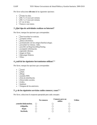 EASP                  XXV Máster Universitario de Salud Pública y Gestión Sanitaria. 2009-2010

Por favor seleccione sólo una de las siguientes opciones:

   •     Todos los días.
   •     De 3 a 4 veces por semana.
   •     De 1 a 2 veces por semana.
   •     1 vez al mes.
   •     nunca o casi nunca.

3 ¿Qué tipo de actividades realizas en Internet?

Por favor, marque las opciones que correspondan:

   •     leer/escuchar/ver noticias.
   •     comprar online.
   •     banca electrónica.
   •     comunicarte con tus amigos/familia/colegas.
   •     escuchar/ver música, vídeo.
   •     escribir un blog/microblog/fotolog.
   •     compartir información.
   •     aprender idiomas.
   •     jugar en línea.
   •     descargar ficheros.
   •     Otro:

4 ¿cuál de las siguientes herramientas utilizas? *

Por favor, marque las opciones que correspondan:

   •     email.
   •     chats.
   •     blogs.
   •     canales RSS.
   •     lista de distribución.
   •     foros/redes sociales.
   •     wikis.
   •     podcast.
   •     ninguna de las anteriores.

5 ¿y de los siguientes servicios cuáles conoces y usas? *

Por favor, seleccione la respuesta apropiada para cada concepto:

                                                        Conozco pero no
                                      No conozco                                Utilizo
                                                            utilizo
   youtube/dailymotion.
        wikipedia.
          skype.
        facebook.



                                                   37
 