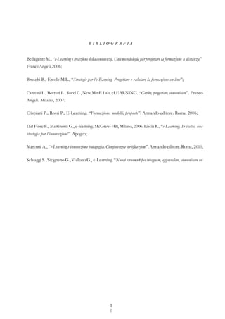 1
0
B I B L I O G R A F I A
BellagenteM., “e-Learning e creazionedella conoscenza. Una metodologia perprogettare la formazione a distanza”.
FrancoAngeli,2006;
Bruschi B., Ercole M.L., “Strategie per l’e-Earning. Progettare e valutare la formazione on line”;
Cantoni L., Botturi L., Succi C., New MinE Lab, eLEARNING. “Capire, progettare, comunicare”. Franco
Angeli. Milano, 2007;
Crispiani P., Rossi P., E-Learning. “Formazione, modelli, proposte”. Armando editore. Roma, 2006;
Dal Fiore F., Martinotti G., e-learning. McGraw-Hill, Milano, 2006; Liscia R., “e-Learning. In italia, una
strategia per l’innovazione”. Apogeo;
Marconi A., “e-Learning e innovazione pedagogica. Competenzee certificazione”. Armando editore. Roma, 2010;
Selvaggi S., Sicignano G., Vollono G., e-Learning. “Nuovi strumenti perinsegnare, apprendere, comunicare on
 