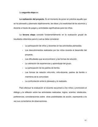 La segunda etapa es:
La realización del proyecto. Es el momento de poner en práctica aquello que
se ha planeado y plasmado objetivamente, las ideas y la creatividad de los alumnos y
docente a través de juegos y actividades significativas para los niños.
La tercera etapa consiste fundamentalmente en la evaluación grupal de
resultados obtenidos para lo cual se debe considerar:
- La participación de niños y docentes en las actividades planeadas.
- Los descubrimientos realizados por los niños durante el desarrollo del
proyecto.
- Las dificultades que se encontraron y las formas de solución.
- La valoración de experiencias y aprendizaje del grupo.
- La participación de los padres de familia.
- Las formas de relación niño-niño, niño-docente, padres de familia o
miembros de la comunidad.
- La confrontación entre lo planeado y lo realizado.
Para efectuar la evaluación el docente escuchará a los niños y promoverá el
diálogo y la reflexión sobre las actividades realizadas, logros, aciertos, obstáculos,
preferencias, consideraciones sobre otras posibilidades de acción, expresando a la
vez sus comentarios de observaciones.
61
 