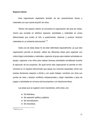 Espacio interior.
Esta organización dependerá también de las características físicas y
materiales con que cuenta el jardín de niños.
“Dentro del espacio interior se encuentra la organización del aula por áreas,
misma que consiste en distribuir espacios, actividades y materiales en zonas
diferenciadas que inviten al niño a experimentar, observar y producir diversos
materiales en un ambiente estructurado”.40
Cada una de estas áreas ha de estar delimitada espacialmente, ya que esta
organización permite al docente: utilizar las diferentes áreas para organizar con
criterio lógico actividades y materiales, organizar al grupo para realizar actividades en
equipo, organizar a los niños para realizar diversas actividades simultáneas durante
la ejecución de los proyectos. De igual forma esta organización le permite al niño:
moverse en un espacio estructurado que apoye sus nociones espaciales, tomar sus
propias decisiones respecto a dónde y con quién trabajar, coordinar con otros sus
puntos de vista y resolver conflictos interpersonales y elegir materiales y tipos de
juegos o actividades en el marco de los proyectos o en situaciones libres.
Las áreas que se sugieren como importantes, entre otras, son:
De biblioteca.
De expresión gráfica y plástica.
De dramatización.
De naturaleza.
40
PEP 92. p. 55
72
 