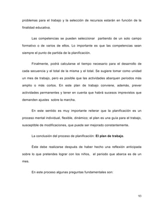 problemas para el trabajo y la selección de recursos estarán en función de la
finalidad educativa.
Las competencias se pueden seleccionar partiendo de un solo campo
formativo o de varios de ellos. Lo importante es que las competencias sean
siempre el punto de partida de la planificación.
Finalmente, podrá calcularse el tiempo necesario para el desarrollo de
cada secuencia y el total de la misma y el total. Se sugiere tomar como unidad
un mes de trabajo, pero es posible que las actividades abarquen periodos más
amplio o más cortos. En este plan de trabajo conviene, además, prever
actividades permanentes y tener en cuenta que habrá sucesos imprevistos que
demanden ajustes sobre la marcha.
En este sentido es muy importante reiterar que la planificación es un
proceso mental individual, flexible, dinámico; el plan es una guía para el trabajo,
susceptible de modificaciones, que puede ser mejorado constantemente.
La conclusión del proceso de planificación: El plan de trabajo.
Éste debe realizarse después de haber hecho una reflexión anticipada
sobre lo que pretendes lograr con los niños, el periodo que abarca es de un
mes.
En este proceso algunas preguntas fundamentales son:
93
 
