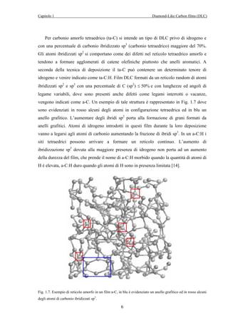 Capitolo 1 Diamond-Like Carbon films (DLC) 
Per carbonio amorfo tetraedrico (ta-C) si intende un tipo di DLC privo di idrogeno e 
con una percentuale di carbonio ibridizzato sp3 (carbonio tetraedrico) maggiore del 70%. 
Gli atomi ibridizzati sp2 si comportano come dei difetti nel reticolo tetraedrico amorfo e 
tendono a formare agglomerati di catene olefiniche piuttosto che anelli aromatici. A 
seconda della tecnica di deposizione il ta-C può contenere un determinato tenore di 
idrogeno e venire indicato come ta-C:H. Film DLC formati da un reticolo random di atomi 
ibridizzati sp2 e sp3 con una percentuale di C (sp2) ≤ 50% e con lunghezze ed angoli di 
legame variabili, dove sono presenti anche difetti come legami interrotti o vacanze, 
vengono indicati come a-C. Un esempio di tale struttura è rappresentato in Fig. 1.7 dove 
sono evidenziati in rosso alcuni degli atomi in configurazione tetraedrica ed in blu un 
anello grafitico. L’aumentare degli ibridi sp2 porta alla formazione di grani formati da 
anelli grafitici. Atomi di idrogeno introdotti in questi film durante la loro deposizione 
vanno a legarsi agli atomi di carbonio aumentando la frazione di ibridi sp3. In un a-C:H i 
siti tetraedrici possono arrivare a formare un reticolo continuo. L’aumento di 
ibridizzazione sp3 dovuta alla maggiore presenza di idrogeno non porta ad un aumento 
della durezza del film, che prende il nome di a-C:H morbido quando la quantità di atomi di 
H è elevata, a-C:H duro quando gli atomi di H sono in presenza limitata [14]. 
Fig. 1.7. Esempio di reticolo amorfo in un film a-C, in blu è evidenziato un anello grafitico ed in rosso alcuni 
degli atomi di carbonio ibridizzati sp3. 
6 
 