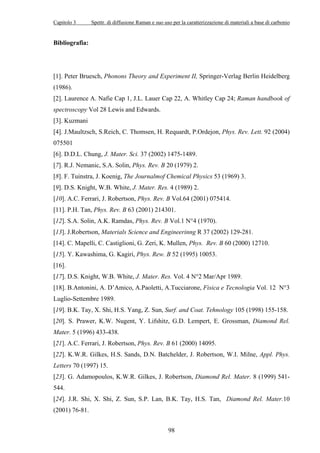Capitolo 3 Spettr. di diffusione Raman e suo uso per la caratterizzazione di materiali a base di carbonio 
98 
Bibliografia: 
[1]. Peter Bruesch, Phonons Theory and Experiment II, Springer-Verlag Berlin Heidelberg 
(1986). 
[2]. Laurence A. Nafie Cap 1, J.L. Lauer Cap 22, A. Whitley Cap 24; Raman handbook of 
spectroscopy Vol 28 Lewis and Edwards. 
[3]. Kuzmani 
[4]. J.Maultzsch, S.Reich, C. Thomsen, H. Requardt, P.Ordejon, Phys. Rev. Lett. 92 (2004) 
075501 
[6]. D.D.L. Chung, J. Mater. Sci. 37 (2002) 1475-1489. 
[7]. R.J. Nemanic, S.A. Solin, Phys. Rev. B 20 (1979) 2. 
[8]. F. Tuinstra, J. Koenig, The Journalmof Chemical Physics 53 (1969) 3. 
[9]. D.S. Knight, W.B. White, J. Mater. Res. 4 (1989) 2. 
[10]. A.C. Ferrari, J. Robertson, Phys. Rev. B Vol.64 (2001) 075414. 
[11]. P.H. Tan, Phys. Rev. B 63 (2001) 214301. 
[12]. S.A. Solin, A.K. Ramdas, Phys. Rev. B Vol.1 N°4 (1970). 
[13]. J.Robertson, Materials Science and Engineerinng R 37 (2002) 129-281. 
[14]. C. Mapelli, C. Castiglioni, G. Zeri, K. Mullen, Phys. Rev. B 60 (2000) 12710. 
[15]. Y. Kawashima, G. Kagiri, Phys. Rew. B 52 (1995) 10053. 
[16]. 
[17]. D.S. Knight, W.B. White, J. Mater. Res. Vol. 4 N°2 Mar/Apr 1989. 
[18]. B.Antonini, A. D’Amico, A.Paoletti, A.Tucciarone, Fisica e Tecnologia Vol. 12 N°3 
Luglio-Settembre 1989. 
[19]. B.K. Tay, X. Shi, H.S. Yang, Z. Sun, Surf. and Coat. Tehnology 105 (1998) 155-158. 
[20]. S. Prawer, K.W. Nugent, Y. Lifshitz, G.D. Lempert, E. Grossman, Diamond Rel. 
Mater. 5 (1996) 433-438. 
[21]. A.C. Ferrari, J. Robertson, Phys. Rev. B 61 (2000) 14095. 
[22]. K.W.R. Gilkes, H.S. Sands, D.N. Batchelder, J. Robertson, W.I. Milne, Appl. Phys. 
Letters 70 (1997) 15. 
[23]. G. Adamopoulos, K.W.R. Gilkes, J. Robertson, Diamond Rel. Mater. 8 (1999) 541- 
544. 
[24]. J.R. Shi, X. Shi, Z. Sun, S.P. Lan, B.K. Tay, H.S. Tan, Diamond Rel. Mater.10 
(2001) 76-81. 
 