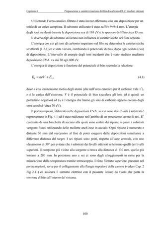 Capitolo 4 Preparazione e caratterizzazione di film di carbonio DLC, risultati ottenuti 
Utilizzando l’arco catodico filtrato è stata invece effettuata solo una deposizione per un 
totale di un unico campione. Il substrato utilizzato è stato zaffiro 9×9×1 mm. L’energia 
degli ioni incidenti durante la deposizione era di 110 eV e lo spessore del film circa 15 nm. 
Il diverso tipo di substrato utilizzato non influenza le caratteristiche del film deposto. 
L’energia con cui gli ioni di carbonio impattano sul film ne determina le caratteristiche 
strutturali [1,2,3] ed è stata variata, cambiando il potenziale di bias, dopo ogni seduta (run) 
di deposizione. L’intervallo di energie degli ioni incidenti che è stato studiato mediante 
deposizione CVA va dai 30 agli 800 eV. 
L’energia di deposizione è funzione del potenziale di bias secondo la relazione: 
k 0 E = neV + E , (4.1) 
dove n è la ionizzazione media degli atomi (che nell’arco catodico per il carbonio vale 1+), 
e è la carica dell’elettrone, V è il potenziale di bias (accelera gli ioni ed è quindi un 
potenziale negativo) ed E0 è l’energia che hanno gli ioni di carbonio appena escono dagli 
spot catodici (circa 30 eV). 
Il portacampioni, utilizzato nelle deposizioni CVA, su cui sono stati fissati i substrati è 
rappresentato in Fig. 4.1 ed è stato realizzato nell’ambito di un precedente lavoro di tesi. E’ 
costituito da una bacchetta di acciaio alla quale sono saldati dei ripiani, a questi i substrati 
vengono fissati utilizzando delle mollette anch’esse in acciaio. Ogni ripiano è numerato e 
distante 30 mm dal successivo al fine di poter eseguire delle deposizioni simultanee a 
differente distanza dal target. I sei ripiani sono posti, rispetto all’asse centrale, con uno 
sfasamento di 30° per evitare che i substrati dei livelli inferiori schermino quelli dei livelli 
superiori. Il campione più vicino alla sorgente si trova alla distanza di 130 mm, quello più 
lontano a 280 mm. In posizione uno e sei ci sono degli alloggiamenti in rame per la 
misurazione della temperatura tramite termocoppia. Il foro filettato superiore, presente nel 
portacampioni, serve per il collegamento alla flangia superiore della camera (vedere Cap. 2 
Fig 2.11) ed assicura il contatto elettrico con il passante isolato da vuoto che porta la 
tensione di bias all’interno del sistema. 
100 
 