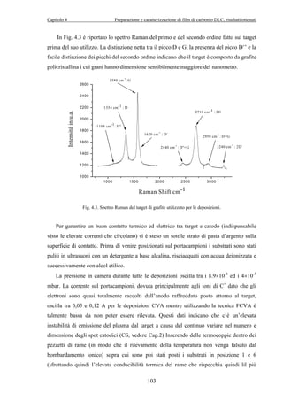 Capitolo 4 Preparazione e caratterizzazione di film di carbonio DLC, risultati ottenuti 
In Fig. 4.3 è riportato lo spettro Raman del primo e del secondo ordine fatto sul target 
prima del suo utilizzo. La distinzione netta tra il picco D e G, la presenza del picco D’’ e la 
facile distinzione dei picchi del secondo ordine indicano che il target è composto da grafite 
policristallina i cui grani hanno dimensione sensibilmente maggiore del nanometro. 
1580 cm-1 :G 
1354 cm-1 : D 
1000 1500 2000 2500 3000 
2600 
2400 
2200 
2000 
1800 
1600 
1400 
1200 
Fig. 4.3. Spettro Raman del target di grafite utilizzato per le deposizioni. 
Per garantire un buon contatto termico ed elettrico tra target e catodo (indispensabile 
visto le elevate correnti che circolano) si è steso un sottile strato di pasta d’argento sulla 
superficie di contatto. Prima di venire posizionati sul portacampioni i substrati sono stati 
puliti in ultrasuoni con un detergente a base alcalina, risciacquati con acqua deionizzata e 
successivamente con alcol etilico. 
La pressione in camera durante tutte le deposizioni oscilla tra i 8.9×10-4 ed i 4×10-5 
mbar. La corrente sul portacampioni, dovuta principalmente agli ioni di C+ dato che gli 
elettroni sono quasi totalmente raccolti dall’anodo raffreddato posto attorno al target, 
oscilla tra 0,05 e 0,12 A per le deposizioni CVA mentre utilizzando la tecnica FCVA è 
talmente bassa da non poter essere rilevata. Questi dati indicano che c’è un’elevata 
instabilità di emissione del plasma dal target a causa del continuo variare nel numero e 
dimensione degli spot catodici (CS, vedere Cap.2) Inserendo delle termocoppie dentro dei 
pezzetti di rame (in modo che il rilevamento della temperatura non venga falsato dal 
bombardamento ionico) sopra cui sono poi stati posti i substrati in posizione 1 e 6 
(sfruttando quindi l’elevata conducibilità termica del rame che rispecchia quindi lil più 
103 
1000 
Intensità in u.a. 
Raman Shift cm-1 
1108 cm-1: D'' 
1620 cm-1 : D' 
2440 cm-1 : D''+G 
2710 cm-1 : 2D 
2950 cm-1 : D+G 
3240 cm-1 : 2D' 
 