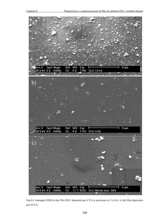 Capitolo 4 Preparazione e caratterizzazione di film di carbonio DLC, risultati ottenuti 
Fig.4.6. Immagini SEM di due film DLC depositati per CVA in posizione a) 3 e b) 6, c) del film depositato 
per FCVA. 
108 
 