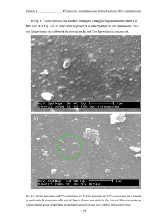 Capitolo 4 Preparazione e caratterizzazione di film di carbonio DLC, risultati ottenuti 
In Fig. 4.7 sono riportate due ulteriori immagini a maggior ingrandimento relative ai 
film a) e b) di Fig. 4.6. Si vede come la presenza di macroparticelle con dimensione 10-20 
nm (determinata via software) sia elevata anche nel film depositato ad altezza sei. 
Fig. 4.7. a) Film depositato per CVA in posizione tre. b) Film depositato per CVA in posizione sei, è indicata 
in verde anche la dimensione dello spot del laser, è chiaro come sia facile che l’area del film selezionata per 
l’analisi Raman possa comprendere le macroparticelle più piccole non visibili al microscopio ottico. 
109 
 