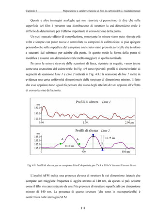 Capitolo 4 Preparazione e caratterizzazione di film di carbonio DLC, risultati ottenuti 
Questa e altre immagini analoghe qui non riportate ci permettono di dire che sulla 
superficie del film è presente una distribuzione di strutture la cui dimensione reale è 
difficile da determinare per l’effetto importante di convoluzione della punta. 
Un così marcato effetto di convoluzione, nonostante le misure siano state ripetute più 
volte e sempre con punte nuove e controllate su campioni di calibrazione, si può spiegare 
pensando che sulla superficie del campione analizzato siano presenti particelle che tendono 
a staccarsi dal substrato per aderire alla punta. In questo modo la forma della punta si 
modifica e assume una dimensione reale molto maggiore di quella nominale. 
Pertanto le misure ricavate dalle scansioni di linea, riportate in seguito, vanno intese 
come una sovrastima del valore reale. In Fig. 4.9 sono riportati i profili di altezze relativi ai 
segmenti di scansione Line 1 e Line 2 indicati in Fig. 4.8.: la scansione di line 1 mette in 
evidenza una certa uniformità dimensionale delle strutture di dimensione minore, il fatto 
che esse appaiano tutte uguali fa pensare che siano degli artefatti dovuti appunto all’effetto 
di convoluzione della punta. 
Fig. 4.9. Profili di altezza per un campione di ta-C depositato per CVA a 110 eV durante il lavoro di tesi. 
L’analisi AFM indica una presenza elevata di strutture la cui dimensione laterale che 
compare con maggiore frequenza si aggira attorno ai 140 nm, da questo si può dedurre 
come il film sia caratterizzato da una fitta presenza di strutture superficiali con dimensione 
minore di 140 nm. La presenza di queste strutture (che sono le macroparticelle) è 
confermata dalle immagini SEM 
111 
 