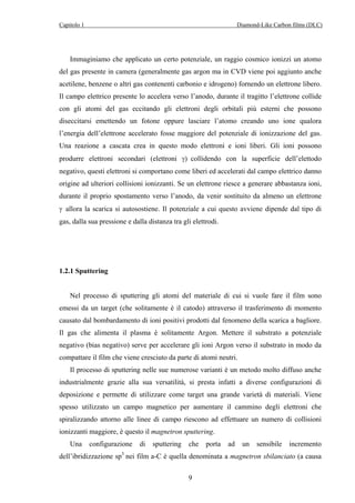 Capitolo 1 Diamond-Like Carbon films (DLC) 
Immaginiamo che applicato un certo potenziale, un raggio cosmico ionizzi un atomo 
del gas presente in camera (generalmente gas argon ma in CVD viene poi aggiunto anche 
acetilene, benzene o altri gas contenenti carbonio e idrogeno) fornendo un elettrone libero. 
Il campo elettrico presente lo accelera verso l’anodo, durante il tragitto l’elettrone collide 
con gli atomi del gas eccitando gli elettroni degli orbitali più esterni che possono 
diseccitarsi emettendo un fotone oppure lasciare l’atomo creando uno ione qualora 
l’energia dell’elettrone accelerato fosse maggiore del potenziale di ionizzazione del gas. 
Una reazione a cascata crea in questo modo elettroni e ioni liberi. Gli ioni possono 
produrre elettroni secondari (elettroni γ) collidendo con la superficie dell’elettodo 
negativo, questi elettroni si comportano come liberi ed accelerati dal campo elettrico danno 
origine ad ulteriori collisioni ionizzanti. Se un elettrone riesce a generare abbastanza ioni, 
durante il proprio spostamento verso l’anodo, da venir sostituito da almeno un elettrone 
γ allora la scarica si autosostiene. Il potenziale a cui questo avviene dipende dal tipo di 
gas, dalla sua pressione e dalla distanza tra gli elettrodi. 
9 
1.2.1 Sputtering 
Nel processo di sputtering gli atomi del materiale di cui si vuole fare il film sono 
emessi da un target (che solitamente è il catodo) attraverso il trasferimento di momento 
causato dal bombardamento di ioni positivi prodotti dal fenomeno della scarica a bagliore. 
Il gas che alimenta il plasma è solitamente Argon. Mettere il substrato a potenziale 
negativo (bias negativo) serve per accelerare gli ioni Argon verso il substrato in modo da 
compattare il film che viene cresciuto da parte di atomi neutri. 
Il processo di sputtering nelle sue numerose varianti è un metodo molto diffuso anche 
industrialmente grazie alla sua versatilità, si presta infatti a diverse configurazioni di 
deposizione e permette di utilizzare come target una grande varietà di materiali. Viene 
spesso utilizzato un campo magnetico per aumentare il cammino degli elettroni che 
spiralizzando attorno alle linee di campo riescono ad effettuare un numero di collisioni 
ionizzanti maggiore, è questo il magnetron sputtering. 
Una configurazione di sputtering che porta ad un sensibile incremento 
dell’ibridizzazione sp3 nei film a-C è quella denominata a magnetron sbilanciato (a causa 
 