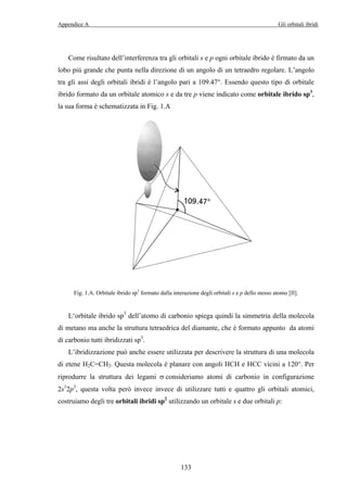 Appendice A Gli orbitali ibridi 
Come risultato dell’interferenza tra gli orbitali s e p ogni orbitale ibrido è firmato da un 
lobo più grande che punta nella direzione di un angolo di un tetraedro regolare. L’angolo 
tra gli assi degli orbitali ibridi è l’angolo pari a 109.47°. Essendo questo tipo di orbitale 
ibrido formato da un orbitale atomico s e da tre p viene indicato come orbitale ibrido sp3, 
la sua forma è schematizzata in Fig. 1.A 
Fig. 1.A. Orbitale ibrido sp3 formato dalla interazione degli orbitali s e p dello stesso atomo [II]. 
L‘orbitale ibrido sp3 dell’atomo di carbonio spiega quindi la simmetria della molecola 
di metano ma anche la struttura tetraedrica del diamante, che è formato appunto da atomi 
di carbonio tutti ibridizzati sp3. 
L’ibridizzazione può anche essere utilizzata per descrivere la struttura di una molecola 
di etene H2C=CH2. Questa molecola è planare con angoli HCH e HCC vicini a 120°. Per 
riprodurre la struttura dei legami σ consideriamo atomi di carbonio in configurazione 
2s12p3, questa volta però invece invece di utilizzare tutti e quattro gli orbitali atomici, 
costruiamo degli tre orbitali ibridi sp2 utilizzando un orbitale s e due orbitali p: 
133 
 