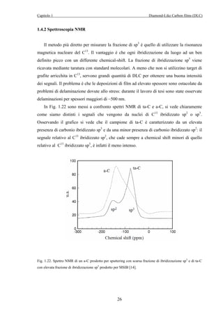 Capitolo 1 Diamond-Like Carbon films (DLC) 
26 
1.4.2 Spettroscopia NMR 
Il metodo più diretto per misurare la frazione di sp3 è quello di utilizzare la risonanza 
magnetica nucleare del C13. Il vantaggio è che ogni ibridizzazione da luogo ad un ben 
definito picco con un differente chemical-shift. La frazione di ibridizzazione sp3 viene 
ricavata mediante taratura con standard molecolari. A meno che non si utilizzino target di 
grafite arricchita in C13, servono grandi quantità di DLC per ottenere una buona intensità 
dei segnali. Il problema è che le deposizioni di film ad elevato spessore sono ostacolate da 
problemi di delaminazione dovute allo stress: durante il lavoro di tesi sono state osservate 
delaminazioni per spessori maggiori di ~500 nm. 
In Fig. 1.22 sono messi a confronto spettri NMR di ta-C e a-C, si vede chiaramente 
come siamo distinti i segnali che vengono da nuclei di C13 ibridizzato sp2 o sp3. 
Osservando il grafico si vede che il campione di ta-C è caratterizzato da un elevata 
presenza di carbonio ibridizzato sp3 e da una minor presenza di carbonio ibridizzato sp2: il 
segnale relativo al C13 ibridizzato sp2, che cade sempre a chemical shift minori di quello 
relativo al C13 ibridizzato sp3, è infatti il meno intenso. 
Fig. 1.22. Spettro NMR di un a-C prodotto per sputtering con scarsa frazione di ibridizzazione sp3 e di ta-C 
con elevata frazione di ibridizzazione sp3 prodotto per MSIB [14]. 
 