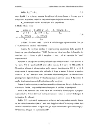 Capitolo 2 Deposizione di film sottili con tecnica ad arco catodico 
R(T) = Rph (T) + Rres (2.3) 
dove Rph(T) è la resistenza causata da collisioni elettrone–fonone e decresce con la 
temperatura in quanto le vibrazioni reticolari vengono progressivamente inibite; 
Rres è la resistenza residua indipendente dalla temperatura. 
R (300 K ) 
+ 
R 
ph res 
53 
L’RRR è definito come: 
ρ (300 ) 
res 
ph 
RRR R K 
(300 ) 
R K 
res 
ph 
R K R 
ph res 
res 
ph res 
K 
R 
R 
R K R 
R K 
ρ 
1 
(300 ) 
1 
(300 ) 
(10 ) 
(10 ) 
= + = + 
= 
+ 
≈ 
+ 
= = 
(2.4) 
ρph(300K) è costante e vale 15 μΩ⋅cm. Il terzo passaggio è giustificato dal fatto che 
a 10K la resistività fononica è trascurabile. 
Siccome la resistenza residua è essenzialmente determinata dalla quantità di 
impurezze presenti nel campione, l’ RRR fornisce una stima immediata della qualità del 
materiale: più è elevato e più il campione è puro, cioè si comporta da “buon” 
superconduttore. 
Per i film di Nb depositati durante questo test del sistema da vuoto il valore massimo di 
Tc è pari a 9.10 K e quello di RRR arriva ad un massimo di 6. La Tc e l’ RRR di film di 
Nb relativa ad apparati di deposizione puliti valgono rispettivamente 9.25 K e 30, di 
conseguenza si può concludere che malgrado si riesca a portare il sistema a pressioni 
stabili di 1.4 × 10−9 mbar esso non è un sistema estremamente pulito. La contaminazione 
più importante è probabilmente dovuta alla presenza di carbonio a causa di deposizioni di 
grafite fatte in passato prima dell’inizio di questo lavoro di tesi. 
Questo tipo di contaminazione della camera di deposizione non dovrebbe influenzare la 
struttura dei film DLC depositati visto che la sorgente di ioni è un target di grafite. 
I film di Nb depositati sono anche serviti per verificare se la morfologia e le proprietà 
superconduttive dei film depositati tramite arco catodico variano al cambiare dell’angolo di 
inclinazione dei substrati. 
In Fig. 2.15 è riportato il portacampioni utilizzato per le deposizioni costruito durante 
un precedente lavoro di tesi [18]. Ci sono sette alloggiamenti a differente angolazione dove 
inserire i substrati su cui fare la deposizione, gli angoli variano da 0° (parallelo al target) a 
90° (normale al target) con incrementi di 15°. 
 