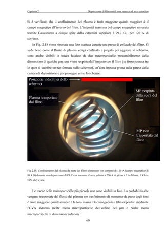 Capitolo 2 Deposizione di film sottili con tecnica ad arco catodico 
Si è verificato che il confinamento del plasma è tanto maggiore quanto maggiore è il 
campo magnetico all’interno del filtro. L’intensità massima del campo magnetico misurata 
tramite Gaussmetro a cinque spire dalla estremità superiore è 99.7 G, per 120 A di 
corrente. 
In Fig. 2.18 viene riportata una foto scattata durante una prova di collaudo del filtro. Si 
vede bene come il flusso di plasma venga confinato e piegato per aggirare lo schermo, 
sono anche visibili le tracce lasciate da due macroparticelle presumibilmente della 
dimensione di qualche μm: una viene respinta dall’impatto con il filtro (se fosse passata tra 
le spire si sarebbe invece fermata sullo schermo), un’altra impatta prima sulla parete della 
camera di deposizione e poi prosegue verso lo schermo. 
Fig 2.18. Confinamento del plasma da parte del filtro alimentato con corrente di 120 A (campo magnetico di 
99.8 G) durante una deposizione di DLC con corrente d’arco pulsata a 200 A di picco e 0 A di base, 1 Khz e 
50% duty cycle. 
Le tracce delle macroparticelle più piccole non sono visibili in foto. La probabilità che 
vengano trasportate dal flusso del plasma per trasferimento di momento da parte degli ioni 
è tanto maggiore quanto minore è la loro massa. Di conseguenza i film depositati mediante 
FCVA avranno molte meno macroparticelle dell’ordine del μm e poche meno 
macroparticelle di dimensione inferiore. 
60 
 