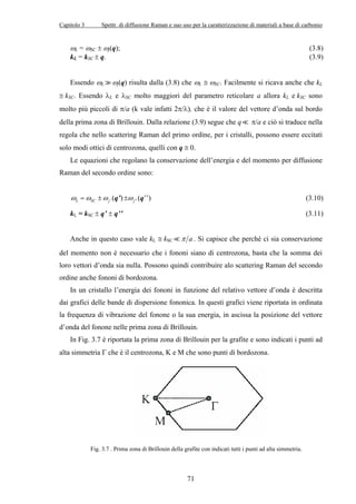 Capitolo 3 Spettr. di diffusione Raman e suo uso per la caratterizzazione di materiali a base di carbonio 
(q); (3.8) 
(q) risulta dalla (3.8) che ωL ≅ ωSC. Facilmente si ricava anche che kL 
71 
ωL = ωSC ± ωj 
kL = kSC ± q. (3.9) 
Essendo ωL  ωj 
≅ kSC. Essendo λL e λSC molto maggiori del parametro reticolare a allora kL e kSC sono 
molto più piccoli di π/a (k vale infatti 2π/λ), che è il valore del vettore d’onda sul bordo 
della prima zona di Brillouin. Dalla relazione (3.9) segue che q  π/a e ciò si traduce nella 
regola che nello scattering Raman del primo ordine, per i cristalli, possono essere eccitati 
solo modi ottici di centrozona, quelli con q ≅ 0. 
Le equazioni che regolano la conservazione dell’energia e del momento per diffusione 
Raman del secondo ordine sono: 
L SC j ' ω =ω ±ω (q’) '' j ±ω (q’’) (3.10) 
kL = kSC ± q’ ± q’’ (3.11) 
Anche in questo caso vale kL ≅ kSCπ a . Si capisce che perché ci sia conservazione 
del momento non è necessario che i fononi siano di centrozona, basta che la somma dei 
loro vettori d’onda sia nulla. Possono quindi contribuire alo scattering Raman del secondo 
ordine anche fononi di bordozona. 
In un cristallo l’energia dei fononi in funzione del relativo vettore d’onda è descritta 
dai grafici delle bande di dispersione fononica. In questi grafici viene riportata in ordinata 
la frequenza di vibrazione del fonone o la sua energia, in ascissa la posizione del vettore 
d’onda del fonone nelle prima zona di Brillouin. 
In Fig. 3.7 è riportata la prima zona di Brillouin per la grafite e sono indicati i punti ad 
alta simmetria Γ che è il centrozona, K e M che sono punti di bordozona. 
Fig. 3.7 . Prima zona di Brillouin della grafite con indicati tutti i punti ad alta simmetria. 
 