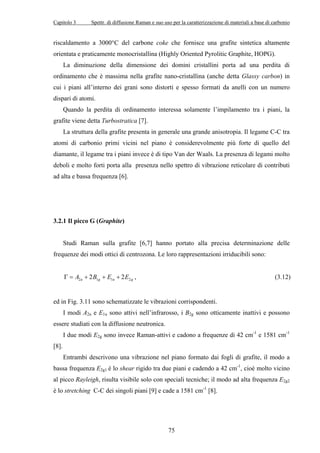 Capitolo 3 Spettr. di diffusione Raman e suo uso per la caratterizzazione di materiali a base di carbonio 
riscaldamento a 3000°C del carbone coke che fornisce una grafite sintetica altamente 
orientata e praticamente monocristallina (Highly Oriented Pyrolitic Graphite, HOPG). 
La diminuzione della dimensione dei domini cristallini porta ad una perdita di 
ordinamento che è massima nella grafite nano-cristallina (anche detta Glassy carbon) in 
cui i piani all’interno dei grani sono distorti e spesso formati da anelli con un numero 
dispari di atomi. 
Quando la perdita di ordinamento interessa solamente l’impilamento tra i piani, la 
75 
grafite viene detta Turbostratica [7]. 
La struttura della grafite presenta in generale una grande anisotropia. Il legame C-C tra 
atomi di carbonio primi vicini nel piano è considerevolmente più forte di quello del 
diamante, il legame tra i piani invece è di tipo Van der Waals. La presenza di legami molto 
deboli e molto forti porta alla presenza nello spettro di vibrazione reticolare di contributi 
ad alta e bassa frequenza [6]. 
3.2.1 Il picco G (Graphite) 
Studi Raman sulla grafite [6,7] hanno portato alla precisa determinazione delle 
frequenze dei modi ottici di centrozona. Le loro rappresentazioni irriducibili sono: 
Γ = A2u + 2B1g + E1u + 2E2g , (3.12) 
ed in Fig. 3.11 sono schematizzate le vibrazioni corrispondenti. 
I modi A2u e E1u sono attivi nell’infrarosso, i B2g sono otticamente inattivi e possono 
essere studiati con la diffusione neutronica. 
I due modi E2g sono invece Raman-attivi e cadono a frequenze di 42 cm-1 e 1581 cm-1 
[8]. 
Entrambi descrivono una vibrazione nel piano formato dai fogli di grafite, il modo a 
bassa frequenza E2g1 è lo shear rigido tra due piani e cadendo a 42 cm-1, cioè molto vicino 
al picco Rayleigh, risulta visibile solo con speciali tecniche; il modo ad alta frequenza E2g2 
è lo stretching C-C dei singoli piani [9] e cade a 1581 cm-1 [8]. 
 