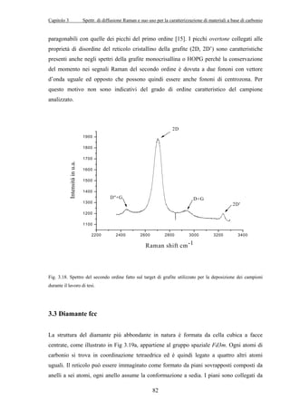 Capitolo 3 Spettr. di diffusione Raman e suo uso per la caratterizzazione di materiali a base di carbonio 
paragonabili con quelle dei picchi del primo ordine [15]. I picchi overtone collegati alle 
proprietà di disordine del reticolo cristallino della grafite (2D, 2D’) sono caratteristiche 
presenti anche negli spettri della grafite monocrisallina o HOPG perché la conservazione 
del momento nei segnali Raman del secondo ordine è dovuta a due fononi con vettore 
d’onda uguale ed opposto che possono quindi essere anche fononi di centrozona. Per 
questo motivo non sono indicativi del grado di ordine caratteristico del campione 
analizzato. 
1900 
1800 
1700 
1600 
1500 
1400 
1300 
1200 
1100 
2D 
2D' 
D''+G D+G 
2200 2400 2600 2800 3000 3200 3400 
Intensità in u.a. 
Raman shift cm-1 
Fig. 3.18. Spettro del secondo ordine fatto sul target di grafite utilizzato per la deposizione dei campioni 
durante il lavoro di tesi. 
82 
3.3 Diamante fcc 
La struttura del diamante più abbondante in natura è formata da cella cubica a facce 
centrate, come illustrato in Fig 3.19a, appartiene al gruppo spaziale Fd3m. Ogni atomi di 
carbonio si trova in coordinazione tetraedrica ed è quindi legato a quattro altri atomi 
uguali. Il reticolo può essere immaginato come formato da piani sovrapposti composti da 
anelli a sei atomi, ogni anello assume la conformazione a sedia. I piani sono collegati da 
 