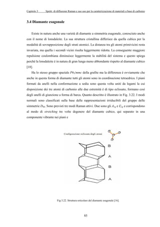 Capitolo 3 Spettr. di diffusione Raman e suo uso per la caratterizzazione di materiali a base di carbonio 
85 
3.4 Diamante esagonale 
Esiste in natura anche una varietà di diamante a simmetria esagonale, conosciuto anche 
con il nome di lonsdaleite. La sua struttura cristallina differisce da quella cubica per la 
modalità di sovrapposizione degli strati atomici. La distanza tra gli atomi primivicini resta 
invariata, ma quella i secondi vicini risulta leggermente ridotta. La conseguente maggiore 
repulsione coulombiana diminuisce leggermente la stabilità del sistema e questo spiega 
perché la lonsdaleite è in natura di gran lunga meno abbondante rispetto al diamante cubico 
[18]. 
Ha lo stesso gruppo spaziale P63/mmc della grafite ma la differenza è ovviamente che 
anche in questa forma di diamante tutti gli atomi sono in coordinazione tetraedrica. I piani 
formati da anelli nella conformazione a sedia sono questa volta uniti da legami la cui 
disposizione dei tre atomi di carbonio alle due estremità è di tipo eclissato, formano così 
degli anelli di giunzione a forma di barca. Quanto descritto è illustrato in Fig. 3.22. I modi 
normali sono classificati sulla base delle rappresentazioni irriducibili del gruppo delle 
simmetrie D6h. Sono previsti tre modi Raman attivi. Due sono gli A1g e E2g e corrispondono 
al modo di stretching tre volte degenere del diamante cubico, qui separato in una 
componente vibrante nei piani e 
Fig 3.22. Struttura reticolare del diamante esagonale [16]. 
 