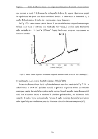 Capitolo 3 Spettr. di diffusione Raman e suo uso per la caratterizzazione di materiali a base di carbonio 
una normale ai piani. A differenza che nella grafite la forza dei legami è isotropa e quindi 
la separazione tra questi due modi sarà molto piccola. Il terzo modo di simmetria E1g è 
quello della vibrazione di taglio tra i piani e cade a basse frequenze. 
In Fig 3.23 è mostrato uno spettro Raman di polvere di diamante esagonale ottenuta per 
tecnica shock load, si vede una sola banda che può variare, a seconda della dimensione 
della particella, tra 1315 cm-1 e 1326 cm-1. Queste bande sono larghe ed emergono da un 
fondo di luminescenza. 
Fig 3.23. Spettri Raman di polvere di diamante esagonale preparato con la tecnica di shock-loading [17]. 
Evidenza dello shear mode è il debole segnale a 300 cm-1 [17]. 
Lo spettro Raman di una faccia tagliata di diamante naurale è mostrato in Fig. 3.24. La 
debole banda a 1319 cm-1 potrebbe indicare la presenza di piccoli domini di diamante 
esagonale creatisi durante la lavorazione della gemma. Segnali a quello stesso Raman shift 
sono stati riscontrati anche in strutture di diamante policristallino, ma solamente sulle 
superfici di taglio. Viene ipotizzato che l’azione di taglio esercitata durante la lavorazione 
delle superfici possa trasformare parte del diamante cubico in diamante esagonale [17]. 
86 
 