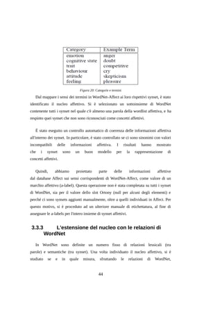 Figura 20: Categorie e termini

Dal mappare i sensi dei termini in WordNet-Affect ai loro rispettivi synset, è stato
identificato il nucleo affettivo. Si è selezionato un sottoinsieme di WordNet
contenente tutti i synset nel quale c'è almeno una parola della wordlist affettiva, e ha
respinto quei synset che non sono riconosciuti come concetti affettivi.
È stato eseguito un controllo automatico di coerenza delle informazioni affettiva
all'interno dei synset. In particolare, è stato controllato se ci sono sinonimi con valori
incompatibili
che

i

delle

synset

informazioni

sono

un

buon

affettiva.

I

risultati

modello

per

la

hanno

mostrato

rappresentazione

di

concetti affettivi.
Quindi,

abbiamo

proiettato

parte

delle

informazioni

affettive

dal database Affect sui sensi corrispondenti di WordNet-Affect, come valore di un
marchio affettivo (a-label). Questa operazione non è stata completata su tutti i synset
di WordNet, sia per il valore dello slot Ortony (null per alcuni degli elementi) e
perché ci sono synsets aggiunti manualmente, oltre a quelli individuati in Affect. Per
questo motivo, si è proceduto ad un ulteriore manuale di etichettatura, al fine di
assegnare le a-labels per l'intero insieme di synset affettivi.

3.3.3

L'estensione del nucleo con le relazioni di
WordNet

In WordNet sono definite un numero fisso di relazioni lessicali (tra
parole) e semantiche (tra synset). Una volta individuato il nucleo affettivo, si è
studiato

se

e

in

quale

misura,

sfruttando

44

le

relazioni

di

WordNet,

 
