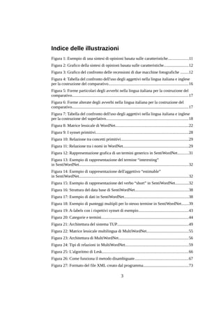 Indice delle illustrazioni
Figura 1: Esempio di una sintesi di opinioni basata sulle caratteristiche....................11
Figura 2: Grafico della sintesi di opinioni basata sulle caratteristiche.......................12
Figura 3: Grafico del confronto delle recensioni di due macchine fotografiche ........12
Figura 4: Tabella del confronto dell'uso degli aggettivi nella lingua italiana e inglese
per la costruzione del comparativo............................................................................16
Figura 5: Forme particolari degli avverbi nella lingua italiana per la costruzione del
comparativo...............................................................................................................17
Figura 6: Forme alterate degli avverbi nella lingua italiana per la costruzione del
comparativo...............................................................................................................17
Figura 7: Tabella del confronto dell'uso degli aggettivi nella lingua italiana e inglese
per la costruzione del superlativo..............................................................................18
Figura 8: Matrice lessicale di WordNet......................................................................22
Figura 9: I synset primitivi........................................................................................28
Figura 10: Relazione tra concetti primitivi................................................................29
Figura 11: Relazione tra i nomi in WordNet..............................................................29
Figura 12: Rappresentazione grafica di un termini generico in SentiWordNet..........31
Figura 13: Esempio di rappresentazione del termine “interesting”
in SentiWordNet........................................................................................................32
Figura 14: Esempio di rappresentazione dell'aggettivo “estimable”
in SentiWordNet........................................................................................................32
Figura 15: Esempio di rappresentazione del verbo “short” in SentiWordNet.............32
Figura 16: Struttura del data base di SentiWordNet...................................................38
Figura 17: Esempio di dati in SentiWordNet.............................................................38
Figura 18: Esempio di punteggi multipli per lo stesso termine in SentiWordNet.......39
Figura 19: A-labels con i rispettivi synset di esempio................................................43
Figura 20: Categorie e termini...................................................................................44
Figura 21: Architettura del sistema TUP....................................................................49
Figura 22: Matrice lessicale multilingua di MultiWordNet........................................55
Figura 23: Architettura di MultiWordNet...................................................................56
Figura 24: Tipi di relazioni in MultiWordNet............................................................59
Figura 25: L'algoritmo di Lesk..................................................................................66
Figura 26: Come funziona il metodo disambiguate...................................................67
Figura 27: Formato del file XML creato dal programma...........................................73

3

 