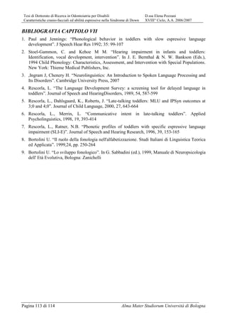 Tesi di Dottorato di Ricerca in Odontoiatria per Disabili D.ssa Elena Pozzani
Caratteristiche cranio-facciali ed abilità espressive nella Sindrome di Down XVIII° Ciclo, A.A. 2006/2007
Pagina 113 di 114 Alma Mater Studiorum Università di Bologna
BIBLIOGRAFIA CAPITOLO VII
1. Paul and Jennings: “Phonological behavior in toddlers with slow espressive language
development”. J Speech Hear Res 1992; 35: 99-107
2. Stoel-Gammon, C. and Kehoe M M. “Hearing impairment in infants and toddlers:
Identification, vocal development, intervention”. In J. E. Bernthal & N. W. Bankson (Eds.),
1994 Child Phonology: Characteristics, Assessment, and Intervention with Special Populations.
New York: Thieme Medical Publishers, Inc.
3. ,Ingram J, Chenery H. “Neurolinguistics: An Introduction to Spoken Language Processing and
Its Disorders”. Cambridge University Press, 2007
4. Rescorla, L. “The Language Development Survey: a screening tool for delayed language in
toddlers”. Journal of Speech and HearingDisorders, 1989, 54, 587-599
5. Rescorla, L., Dahlsgaard, K., Roberts, J. “Late-talking toddlers: MLU and IPSyn outcomes at
3;0 and 4;0”. Journal of Child Language, 2000, 27, 643-664
6. Rescorla, L., Merrin, L. “Communicative intent in late-talking toddlers”. Applied
Psycholinguistics, 1998, 19, 393-414
7. Rescorla, L., Ratner, N.B. “Phonetic profiles of toddlers with specific espressive language
impairment (SLI-E)”. Journal of Speech and Hearing Research, 1996, 39, 153-165
8. Bortolini U. “Il ruolo della fonologia nell'alfabetizzazione. Studi Italiani di Linguistica Teorica
ed Applicata”. 1999,24, pp. 250-264
9. Bortolini U. “Lo sviluppo fonologico”. In G. Sabbadini (ed.), 1999, Manuale di Neuropsicologia
dell' Età Evolutiva, Bologna: Zanichelli
 