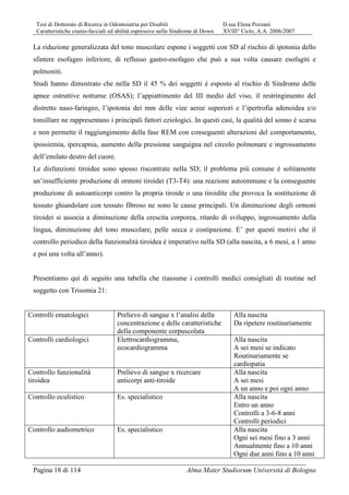Tesi di Dottorato di Ricerca in Odontoiatria per Disabili D.ssa Elena Pozzani
Caratteristiche cranio-facciali ed abilità espressive nella Sindrome di Down XVIII° Ciclo, A.A. 2006/2007
Pagina 18 di 114 Alma Mater Studiorum Università di Bologna
La riduzione generalizzata del tono muscolare espone i soggetti con SD al rischio di ipotonia dello
sfintere esofageo inferiore, di reflusso gastro-esofageo che può a sua volta causare esofagiti e
polmoniti.
Studi hanno dimostrato che nella SD il 45 % dei soggetti è esposto al rischio di Sindrome delle
apnee ostruttive notturne (OSAS); l’appiattimento del III medio del viso, il restringimento del
distretto naso-faringeo, l’ipotonia dei mm delle viee aeree superiori e l’ipertrofia adenoidea e/o
tonsillare ne rappresentano i principali fattori eziologici. In questi casi, la qualità del sonno è scarsa
e non permette il raggiungimento della fase REM con conseguenti alterazioni del comportamento,
ipossiemia, ipercapnia, aumento della pressione sanguigna nel circolo polmonare e ingrossamento
dell’emilato destro del cuore.
Le disfunzioni tiroidee sono spesso riscontrate nella SD; il problema più comune è solitamente
un’insufficiente produzione di ormoni tiroidei (T3-T4): una reazione autoimmune e la conseguente
produzione di autoanticorpi contro la propria tiroide o una tiroidite che provoca la sostituzione di
tessuto ghiandolare con tessuto fibroso ne sono le cause principali. Un diminuzione degli ormoni
tiroidei si associa a diminuzione della crescita corporea, ritardo di sviluppo, ingrossamento della
lingua, diminuzione del tono muscolare, pelle secca e costipazione. E’ per questi motivi che il
controllo periodico della funzionalità tiroidea è imperativo nella SD (alla nascita, a 6 mesi, a 1 anno
e poi una volta all’anno).
Presentiamo qui di seguito una tabella che riassume i controlli medici consigliati di routine nel
soggetto con Trisomia 21:
Controlli ematologici Prelievo di sangue x l’analisi della
concentrazione e delle caratteristiche
della componente corpuscolata
Alla nascita
Da ripetere routinariamente
Controlli cardiologici Elettrocardiogramma,
ecocardiogramma
Alla nascita
A sei mesi se indicato
Routinariamente se
cardiopatia
Controllo funzionalità
tiroidea
Prelievo di sangue x ricercare
anticorpi anti-tiroide
Alla nascita
A sei mesi
A un anno e poi ogni anno
Controllo oculistico Es. specialistico Alla nascita
Entro un anno
Controlli a 3-6-8 anni
Controlli periodici
Controllo audiometrico Es. specialistico Alla nascita
Ogni sei mesi fino a 3 anni
Annualmente fino a 10 anni
Ogni due anni fino a 10 anni
 
