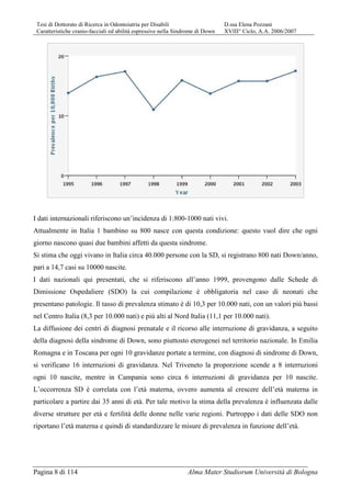 Tesi di Dottorato di Ricerca in Odontoiatria per Disabili D.ssa Elena Pozzani
Caratteristiche cranio-facciali ed abilità espressive nella Sindrome di Down XVIII° Ciclo, A.A. 2006/2007
Pagina 8 di 114 Alma Mater Studiorum Università di Bologna
I dati internazionali riferiscono un’incidenza di 1:800-1000 nati vivi.
Attualmente in Italia 1 bambino su 800 nasce con questa condizione: questo vuol dire che ogni
giorno nascono quasi due bambini affetti da questa sindrome.
Si stima che oggi vivano in Italia circa 40.000 persone con la SD, si registrano 800 nati Down/anno,
pari a 14,7 casi su 10000 nascite.
I dati nazionali qui presentati, che si riferiscono all’anno 1999, provengono dalle Schede di
Dimissione Ospedaliere (SDO) la cui compilazione è obbligatoria nel caso di neonati che
presentano patologie. Il tasso di prevalenza stimato è di 10,3 per 10.000 nati, con un valori più bassi
nel Centro Italia (8,3 per 10.000 nati) e più alti al Nord Italia (11,1 per 10.000 nati).
La diffusione dei centri di diagnosi prenatale e il ricorso alle interruzione di gravidanza, a seguito
della diagnosi della sindrome di Down, sono piuttosto eterogenei nel territorio nazionale. In Emilia
Romagna e in Toscana per ogni 10 gravidanze portate a termine, con diagnosi di sindrome di Down,
si verificano 16 interruzioni di gravidanza. Nel Triveneto la proporzione scende a 8 interruzioni
ogni 10 nascite, mentre in Campania sono circa 6 interruzioni di gravidanza per 10 nascite.
L’occorrenza SD è correlata con l’età materna, ovvero aumenta al crescere dell’età materna in
particolare a partire dai 35 anni di età. Per tale motivo la stima della prevalenza è influenzata dalle
diverse strutture per età e fertilità delle donne nelle varie regioni. Purtroppo i dati delle SDO non
riportano l’età materna e quindi di standardizzare le misure di prevalenza in funzione dell’età.
 