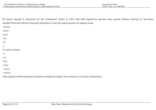 Tesi di Dottorato di Ricerca in Odontoiatria per Disabili D.ssa Elena Pozzani
Caratteristiche cranio-facciali ed abilità espressive nella Sindrome di Down XVIII° Ciclo, A.A. 2006/2007
Pagina 85 di 114 Alma Mater Studiorum Università di Bologna
Per quanto riguarda la valutazione dei dati cefalometrici rispetto ai valori medi della popolazione generale sopra riportati abbiamo utilizzato la “deviazione
standard”fornita dal software Nemoceph unitamente al valore del singolo paziente nel seguente modo:
-xxxxxx
-xxxxx
-xxxx
-xxx
-xx
-x
N (valore normale)
+x
+xx
+xxx
+xxxx
+xxxxx
+xxxxxx
Nella seguente tabella riportiamo le deviazioni standard dei singoli valori ottenuti con il tracciato cefalometrico:
 