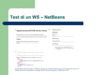 Test di un WS – NetBeans
a b
c
Visualizzazione del WS Locale in NetBeans nel browser: a) pagina iniziale con test del metodo del servizio, b)
risultato del metodo comprendente i messaggi SOAP di richiesta e risposta, c) WSDL del servizio
 
