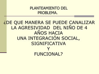 PLANTEAMIENTO DEL PROBLEMA.   ¿DE QUE MANERA SE PUEDE CANALIZAR LA AGRESIVIDAD  DEL NIÑO DE 4  AÑOS HACIA  UNA INTEGRACIÓN SOCIAL,  SIGNIFICATIVA  Y  FUNCIONAL?  