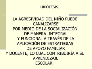 HIPÓTESIS.  LA AGRESIVIDAD DEL NIÑO PUEDE  CANALIZARSE POR MEDIO DE LA SOCIALIZACIÓN  DE MANERA  INTEGRAL Y FUNCIONAL A TRAVÉS DE LA  APLICACIÓN DE ESTRATEGIAS  DE APOYO FAMILIAR Y DOCENTE, LO CUAL CONTRIBUIRÍA A SU  APRENDIZAJE ESCOLAR.  