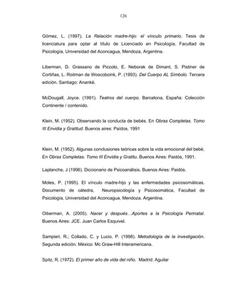 126
Gómez, L. (1997). La Relación madre-hijo: el vínculo primario. Tesis de
licenciatura para optar al título de Licenciado en Psicología, Facultad de
Psicología, Universidad del Aconcagua, Mendoza, Argentina.
Liberman, D. Grassano de Piccolo, E. Neborak de Dimant, S. Pistiner de
Cortiñas, L. Roitman de Woscoboink, P. (1993). Del Cuerpo AL Símbolo. Tercera
edición. Santiago: Ananké.
McDougall, Joyce. (1991). Teatros del cuerpo. Barcelona, España: Colección
Continente / contenido.
Klein, M. (1952). Observando la conducta de bebés. En Obras Completas. Tomo
III Envidia y Gratitud. Buenos aires: Paídos. 1991
Klein, M. (1952). Algunas conclusiones teóricas sobre la vida emocional del bebé.
En Obras Completas. Tomo III Envidia y Gratitu. Buenos Aires: Paidós, 1991.
Laplanche, J (1996). Diccionario de Psicoanálisis. Buenos Aires: Paidós.
Moles, P. (1995). El vínculo madre-hijo y las enfermedades psicosomáticas.
Documento de cátedra, Neuropsicología y Psicosomática, Facultad de
Psicología, Universidad del Aconcagua, Mendoza. Argentina.
Oiberman, A. (2005). Nacer y después…Aportes a la Psicología Perinatal.
Buenos Aires: JCE. Juan Carlos Esquivel.
Sampieri, R.; Collado, C. y Lucio, P. (1998). Metodología de la investigación.
Segunda edición. México: Mc Graw-Hill Interamericana.
Spitz, R. (1972). El primer año de vida del niño. Madrid: Aguilar
 