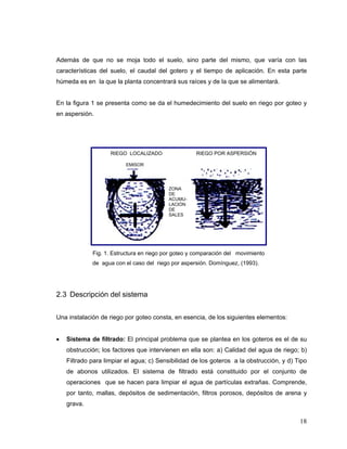 Además de que no se moja todo el suelo, sino parte del mismo, que varía con las
características del suelo, el caudal del gotero y el tiempo de aplicación. En esta parte
húmeda es en la que la planta concentrará sus raíces y de la que se alimentará.


En la figura 1 se presenta como se da el humedecimiento del suelo en riego por goteo y
en aspersión.




                    RIEGO LOCALIZADO                RIEGO POR ASPERSIÓN

                          EMISOR




                                          ZONA
                                          DE
                                          ACUMU-
                                          LACIÓN
                                          DE
                                          SALES




             Fig. 1. Estructura en riego por goteo y comparación del movimiento
             de agua con el caso del riego por aspersión. Domínguez, (1993).




2.3 Descripción del sistema


Una instalación de riego por goteo consta, en esencia, de los siguientes elementos:


•   Sistema de filtrado: El principal problema que se plantea en los goteros es el de su
    obstrucción; los factores que intervienen en ella son: a) Calidad del agua de riego; b)
    Filtrado para limpiar el agua; c) Sensibilidad de los goteros a la obstrucción, y d) Tipo
    de abonos utilizados. El sistema de filtrado está constituido por el conjunto de
    operaciones que se hacen para limpiar el agua de partículas extrañas. Comprende,
    por tanto, mallas, depósitos de sedimentación, filtros porosos, depósitos de arena y
    grava.

                                                                                          18
 