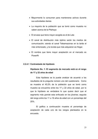  Mayormente lo consumen para mantenerse activos durante
        sus actividades diarias

       La mayoría de la población que se tomó como muestra no
        saben acerca de la Pitahaya

       El envase que tiene mayor acogida es el de Lata

       El canal de distribución más óptimo serán los medios de
        comunicación; siendo el canal Teleamazonas en la tarde el
        más sintonizado, y la revista que más adquieren es Hogar.

       El nombre que tiene mayor aceptación en el mercado es
        Powerfit



2.2.4.1 Contrastaste de hipótesis

       Hipótesis No. 1: El segmento de mercado está en el rango
       de 17 y 22 años de edad

              Esta hipótesis se la puede analizar de acuerdo a los
       resultados de la pregunta número uno del cuestionario. Como
       se muestra el 45.5% de la población que se tomó como
       muestra se encuentra entre los 17 y 22 años de edad, por lo
       que la hipótesis es verdadera lo que quiere decir que el
       segmento más grande esta enfocado en los jóvenes; seguida
       del rango entre los 11 a 16 años de edad con un porcentaje del
       25%.

              El gráfico a continuación muestra el porcentaje de
       aceptación de cada uno de los rangos planteados en la
       encuesta.




                                                                    25
 