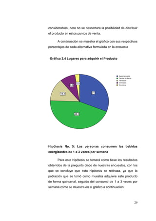 considerables, pero no se descartara la posibilidad de distribuir
el producto en estos puntos de venta.

       A continuación se muestra el gráfico con sus respectivos
porcentajes de cada alternativa formulada en la encuesta


 Gráfica 2.4 Lugares para adquirir el Producto


                        Lugares_adquirir_producto


                                                    Supermercados
                                                    Tiendas de Barrio
                                                    Farmacias
                                                    Gimnasios
                         2.5
                  8.5                               Discoteca




          13.5                       31




                        44.5

Elaborado por las autoras




Hipótesis No. 5: Las personas consumen las bebidas
energizantes de 1 a 3 veces por semana

       Para esta hipótesis se tomará como base los resultados
obtenidos de la pregunta cinco de nuestras encuestas, con los
que se concluye que esta hipótesis se rechaza, ya que la
población que se tomó como muestra adquiere este producto
de forma quincenal, seguido del consumo de 1 a 3 veces por
semana como se muestra en el gráfico a continuación.



                                                                        29
 