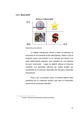 2.2.6 Matriz BCG6

                              Gráfica 2.14 Matriz BCG
               ALT

                         Bebida Energizante




                BAJ                                              ALT
              Elaborado por las autoras


                      La bebida energizante natural a base de pitahaya se
              encuentra en el cuadrante de las interrogantes, debido a que el
              producto ocupa una posición en el mercado que abarca una
              parte relativamente pequeña, pero compiten en una industria
              de gran crecimiento.        Luego se deberá reforzar el producto
              mediante una estrategia intensiva las cuales pueden ser
              penetración en el mercado, desarrollo del mercado o desarrollo
              del producto.

                      Pese a ser un producto nuevo, se estima obtener altos
              beneficios por la inclinación positiva que tiene el consumidor
              acerca de los productos naturales.




     6
         Fuente: Dirección de Marketing Duodécima Edición

 



                                                                           39
 