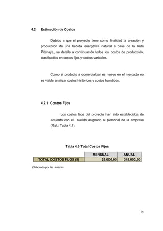 4.2    Estimación de Costos


              Debido a que el proyecto tiene como finalidad la creación y
       producción de una bebida energética natural a base de la fruta
       Pitahaya, se detalla a continuación todos los costos de producción,
       clasificados en costos fijos y costos variables.




              Como el producto a comercializar es nuevo en el mercado no
       es viable analizar costos históricos y costos hundidos.




       4.2.1 Costos Fijos


                      Los costos fijos del proyecto han sido establecidos de
              acuerdo con el sueldo asignado al personal de la empresa
              (Ref.: Tabla 4.1).




                            Tabla 4.6 Total Costos Fijos

                                             MENSUAL             ANUAL
      TOTAL COSTOS FIJOS ($)                     29.000,00       348.000,00

Elaborado por las autoras




                                                                              75
 