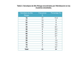 Tabla 2. Genotipos de Alto Riesgo encontrados por Hibridización en las
muestras estudiadas.
Genotipos de Alto
Riesgo

Frecuencia
N

Porcentaje (%)

16
31
52
51
39
56
45
68
35
58
59
33
18
73
Total

17
13
13
12
10
8
4
4
4
3
2
2
2
1
95

11.4
9
9
8
6.7
5.3
2.7
2.7
2.7
2
1.3
1.3
1.3
0.7
64

 