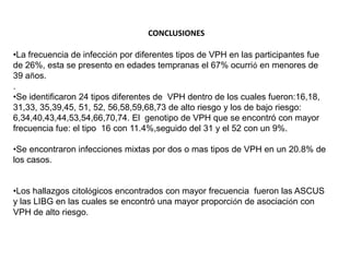 CONCLUSIONES
•La frecuencia de infección por diferentes tipos de VPH en las participantes fue
de 26%, esta se presento en edades tempranas el 67% ocurrió en menores de
39 años.
.
•Se identificaron 24 tipos diferentes de VPH dentro de los cuales fueron:16,18,
31,33, 35,39,45, 51, 52, 56,58,59,68,73 de alto riesgo y los de bajo riesgo:
6,34,40,43,44,53,54,66,70,74. El genotipo de VPH que se encontró con mayor
frecuencia fue: el tipo 16 con 11.4%,seguido del 31 y el 52 con un 9%.
•Se encontraron infecciones mixtas por dos o mas tipos de VPH en un 20.8% de
los casos.
•Los hallazgos citológicos encontrados con mayor frecuencia fueron las ASCUS
y las LIBG en las cuales se encontró una mayor proporción de asociación con
VPH de alto riesgo.

 