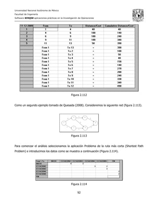 Universidad Nacional Autónoma de México
Facultad de Ingeniería
Software WINQSB aplicaciones prácticas en la Investigación de Operaciones
92
Figura 2.112
Como un segundo ejemplo tomado de Quesada (2008). Consideremos la siguiente red (figura 2.113).
Figura 2.113
Para comenzar el análisis seleccionamos la aplicación Problema de la ruta más corta (Shortest Path
Problem) e introducimos los datos como se muestra a continuación (Figura 2.114).
Figura 2.114
 
