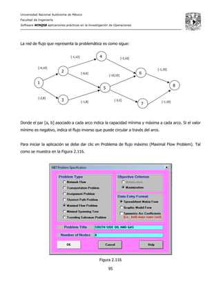 Universidad Nacional Autónoma de México
Facultad de Ingeniería
Software WINQSB aplicaciones prácticas en la Investigación de Operaciones
95
[-4,10]
[-1,12]
[-6,6]
[-2,8]
[-1,8]
[-2,10]
[-10,10]
[-1,10]
[-1,10]
[-5,5]
La red de flujo que representa la problemática es como sigue:
Donde el par [a, b] asociado a cada arco indica la capacidad mínima y máxima a cada arco. Si el valor
mínimo es negativo, indica el flujo inverso que puede circular a través del arco.
Para iniciar la aplicación se debe dar clic en Problema de flujo máximo (Maximal Flow Problem). Tal
como se muestra en la Figura 2.116.
Figura 2.116
1
2
3
4
5
6
7
8
 