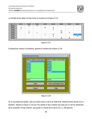 Universidad Nacional Autónoma de México
Facultad de Ingeniería
Software WINQSB aplicaciones prácticas en la Investigación de Operaciones
96
La entrada de los datos se hace como se muestra en la figura 2.117
Figura 2.117
Al seleccionar resolver el problema, aparece la ventana de la figura 2.118
Figura 2.118
En la cual debemos señalar cuál es el nodo inicial y cuál es el nodo final. Posteriormente damos clic en
Resolver. Aparece la figura 2.119 que nos señala el flujo máximo que pasa por la red de oleoductos
de la compañía. El flujo máximo que puede ir a través de la red es 15 ó 1, 500 galones.
 
