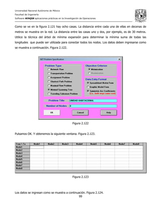Universidad Nacional Autónoma de México
Facultad de Ingeniería
Software WINQSB aplicaciones prácticas en la Investigación de Operaciones
99
Como se ve en la figura 2.121 hay ocho casas. La distancia entre cada una de ellas en decenas de
metros se muestra en la red. La distancia entre las casas uno y dos, por ejemplo, es de 30 metros.
Utilice la técnica del árbol de mínima expansión para determinar la mínima suma de todas las
longitudes que puede ser utilizada para conectar todos los nodos. Los datos deben ingresarse como
se muestra a continuación. Figura 2.122.
Figura 2.122
Pulsamos OK. Y obtenemos la siguiente ventana. Figura 2.123.
Figura 2.123
Los datos se ingresan como se muestra a continuación. Figura 2.124.
 