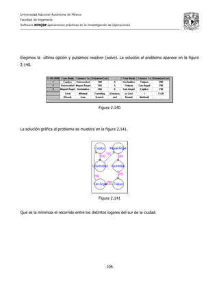 Universidad Nacional Autónoma de México
Facultad de Ingeniería
Software WINQSB aplicaciones prácticas en la Investigación de Operaciones
105
Elegimos la última opción y pulsamos resolver (solve). La solución al problema aparece en la figura
2.140.
Figura 2.140
La solución gráfica al problema se muestra en la figura 2.141.
Figura 2.141
Que es la minimiza el recorrido entre los distintos lugares del sur de la ciudad.
 