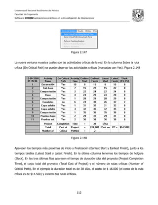 Universidad Nacional Autónoma de México
Facultad de Ingeniería
Software WINQSB aplicaciones prácticas en la Investigación de Operaciones
112
Figura 2.147
La nueva ventana muestra cuales son las actividades críticas de la red. En la columna Sobre la ruta
crítica (On Critical Path) se puede observar las actividades críticas (marcadas con Yes). Figura 2.148
Figura 2.148
Aparecen los tiempos más proximos de inicio y finalización (Earliest Start y Earliest Finish), junto a los
tiempos tardíos (Latest Start y Latest Finish). En la última columna tenemos los tiempos de holgura
(Slack). En las tres últimas filas aparecen el tiempo de duración total del proyecto (Project Completion
Time), el costo total del proyecto (Total Cost of Project) y el número de rutas críticas (Number of
Critical Path), En el ejemplo la duración total es de 38 días, el costo de $ 16.000 (el costo de la ruta
crítica es de $14.500) y existen dos rutas críticas.
 