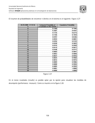 Universidad Nacional Autónoma de México
Facultad de Ingeniería
Software WINQSB aplicaciones prácticas en la Investigación de Operaciones
138
El resumen de probabilidades de encontrar n clientes en el sistema es el siguiente. Figura 3.27
Figura 3.27
En el menú resultados (results) es posible optar por la opción para visualizar las medidas de
desempeño (performance measure). Como se muestra en la figura 3.28
 