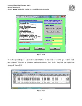 Universidad Nacional Autónoma de México
Facultad de Ingeniería
Software WINQSB aplicaciones prácticas en la Investigación de Operaciones
140
Figura 3.29
Un análisis parecido puede hacerse tomando como base la capacidad del sistema, que puede ir desde
una capacidad específica de x clientes (capacidad limitada) hasta infinita. Al pulsar “Ok” Aparece la
tabla de la figura 3.30.
Figura 3.30
 