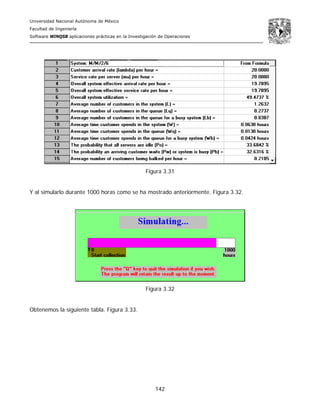 Universidad Nacional Autónoma de México
Facultad de Ingeniería
Software WINQSB aplicaciones prácticas en la Investigación de Operaciones
142
Figura 3.31
Y al simularlo durante 1000 horas como se ha mostrado anteriormente. Figura 3.32.
Figura 3.32
Obtenemos la siguiente tabla. Figura 3.33.
 